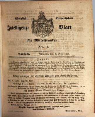 Königlich Bayerisches Intelligenzblatt für Mittelfranken (Ansbacher Intelligenz-Zeitung) Mittwoch 7. März 1838