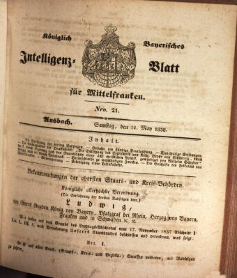 Königlich Bayerisches Intelligenzblatt für Mittelfranken (Ansbacher Intelligenz-Zeitung) Samstag 12. Mai 1838