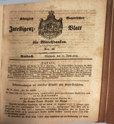 Königlich Bayerisches Intelligenzblatt für Mittelfranken (Ansbacher Intelligenz-Zeitung) Mittwoch 13. Juni 1838