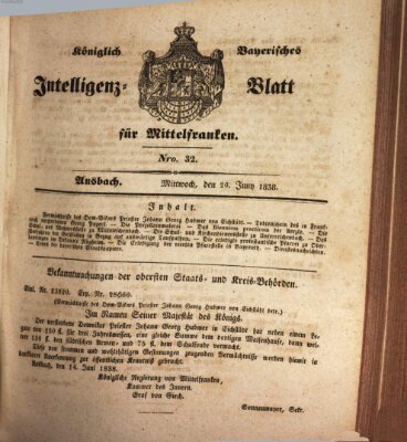 Königlich Bayerisches Intelligenzblatt für Mittelfranken (Ansbacher Intelligenz-Zeitung) Mittwoch 20. Juni 1838