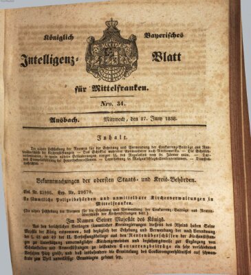 Königlich Bayerisches Intelligenzblatt für Mittelfranken (Ansbacher Intelligenz-Zeitung) Mittwoch 27. Juni 1838