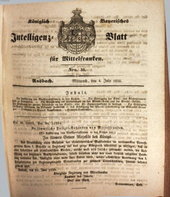 Königlich Bayerisches Intelligenzblatt für Mittelfranken (Ansbacher Intelligenz-Zeitung) Mittwoch 4. Juli 1838