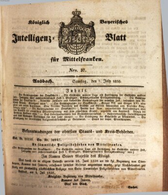 Königlich Bayerisches Intelligenzblatt für Mittelfranken (Ansbacher Intelligenz-Zeitung) Samstag 7. Juli 1838