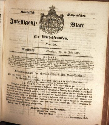 Königlich Bayerisches Intelligenzblatt für Mittelfranken (Ansbacher Intelligenz-Zeitung) Samstag 14. Juli 1838