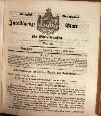 Königlich Bayerisches Intelligenzblatt für Mittelfranken (Ansbacher Intelligenz-Zeitung) Samstag 21. Juli 1838