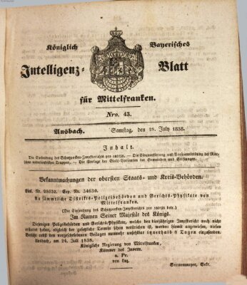 Königlich Bayerisches Intelligenzblatt für Mittelfranken (Ansbacher Intelligenz-Zeitung) Samstag 28. Juli 1838