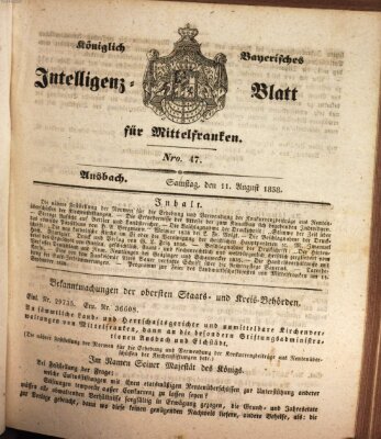 Königlich Bayerisches Intelligenzblatt für Mittelfranken (Ansbacher Intelligenz-Zeitung) Samstag 11. August 1838