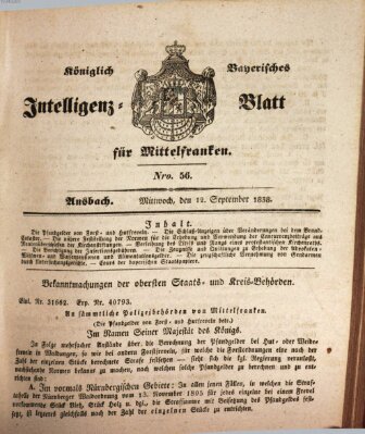 Königlich Bayerisches Intelligenzblatt für Mittelfranken (Ansbacher Intelligenz-Zeitung) Mittwoch 12. September 1838