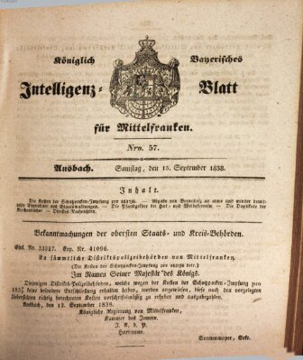 Königlich Bayerisches Intelligenzblatt für Mittelfranken (Ansbacher Intelligenz-Zeitung) Samstag 15. September 1838