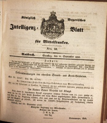 Königlich Bayerisches Intelligenzblatt für Mittelfranken (Ansbacher Intelligenz-Zeitung) Samstag 22. September 1838