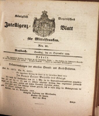 Königlich Bayerisches Intelligenzblatt für Mittelfranken (Ansbacher Intelligenz-Zeitung) Samstag 29. September 1838