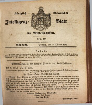 Königlich Bayerisches Intelligenzblatt für Mittelfranken (Ansbacher Intelligenz-Zeitung) Samstag 27. Oktober 1838