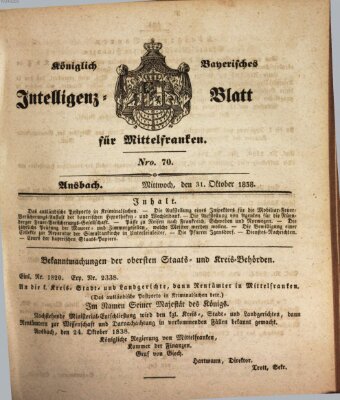 Königlich Bayerisches Intelligenzblatt für Mittelfranken (Ansbacher Intelligenz-Zeitung) Mittwoch 31. Oktober 1838