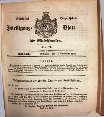 Königlich Bayerisches Intelligenzblatt für Mittelfranken (Ansbacher Intelligenz-Zeitung) Mittwoch 14. November 1838