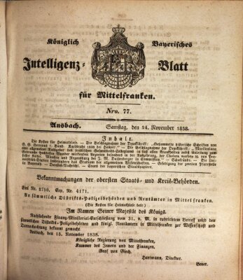 Königlich Bayerisches Intelligenzblatt für Mittelfranken (Ansbacher Intelligenz-Zeitung) Samstag 24. November 1838