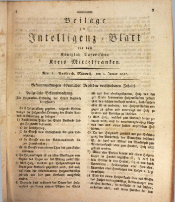 Königlich Bayerisches Intelligenzblatt für Mittelfranken (Ansbacher Intelligenz-Zeitung) Mittwoch 3. Januar 1838