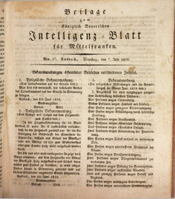 Königlich Bayerisches Intelligenzblatt für Mittelfranken (Ansbacher Intelligenz-Zeitung) Samstag 7. Juli 1838