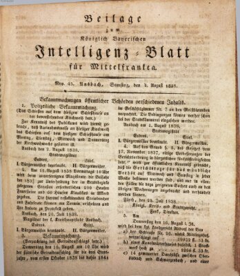 Königlich Bayerisches Intelligenzblatt für Mittelfranken (Ansbacher Intelligenz-Zeitung) Samstag 4. August 1838