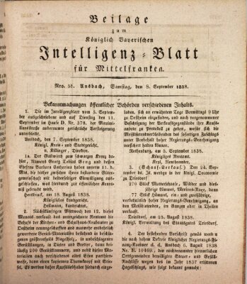 Königlich Bayerisches Intelligenzblatt für Mittelfranken (Ansbacher Intelligenz-Zeitung) Samstag 8. September 1838