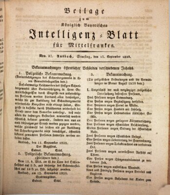 Königlich Bayerisches Intelligenzblatt für Mittelfranken (Ansbacher Intelligenz-Zeitung) Samstag 15. September 1838