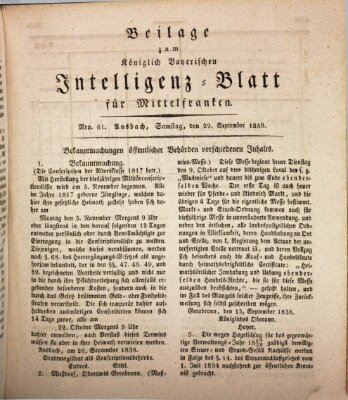 Königlich Bayerisches Intelligenzblatt für Mittelfranken (Ansbacher Intelligenz-Zeitung) Samstag 29. September 1838