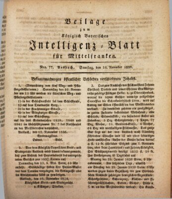 Königlich Bayerisches Intelligenzblatt für Mittelfranken (Ansbacher Intelligenz-Zeitung) Samstag 24. November 1838