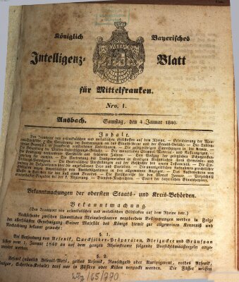 Königlich Bayerisches Intelligenzblatt für Mittelfranken (Ansbacher Intelligenz-Zeitung) Samstag 4. Januar 1840