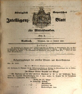 Königlich Bayerisches Intelligenzblatt für Mittelfranken (Ansbacher Intelligenz-Zeitung) Mittwoch 15. Januar 1840