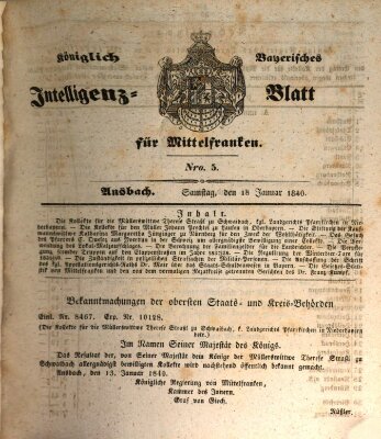 Königlich Bayerisches Intelligenzblatt für Mittelfranken (Ansbacher Intelligenz-Zeitung) Samstag 18. Januar 1840