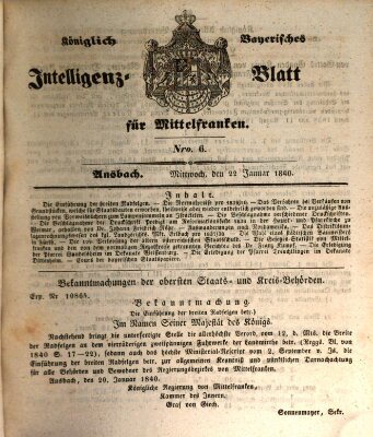 Königlich Bayerisches Intelligenzblatt für Mittelfranken (Ansbacher Intelligenz-Zeitung) Mittwoch 22. Januar 1840