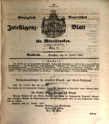 Königlich Bayerisches Intelligenzblatt für Mittelfranken (Ansbacher Intelligenz-Zeitung) Samstag 25. Januar 1840