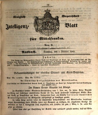 Königlich Bayerisches Intelligenzblatt für Mittelfranken (Ansbacher Intelligenz-Zeitung) Samstag 1. Februar 1840