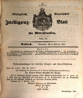 Königlich Bayerisches Intelligenzblatt für Mittelfranken (Ansbacher Intelligenz-Zeitung) Samstag 8. Februar 1840