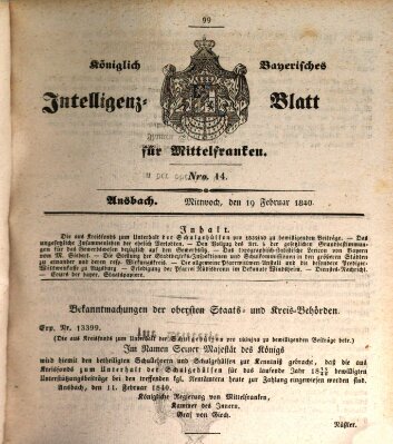 Königlich Bayerisches Intelligenzblatt für Mittelfranken (Ansbacher Intelligenz-Zeitung) Mittwoch 19. Februar 1840