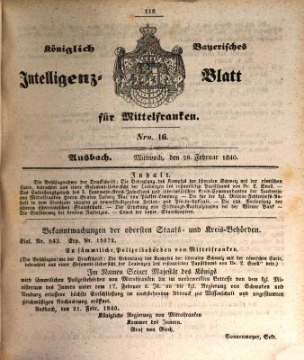 Königlich Bayerisches Intelligenzblatt für Mittelfranken (Ansbacher Intelligenz-Zeitung) Mittwoch 26. Februar 1840