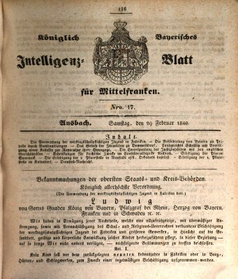 Königlich Bayerisches Intelligenzblatt für Mittelfranken (Ansbacher Intelligenz-Zeitung) Samstag 29. Februar 1840