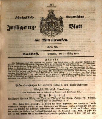 Königlich Bayerisches Intelligenzblatt für Mittelfranken (Ansbacher Intelligenz-Zeitung) Samstag 14. März 1840