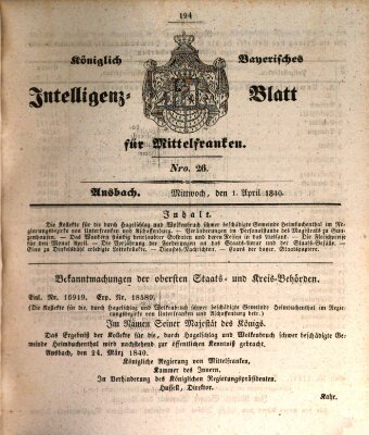 Königlich Bayerisches Intelligenzblatt für Mittelfranken (Ansbacher Intelligenz-Zeitung) Mittwoch 1. April 1840