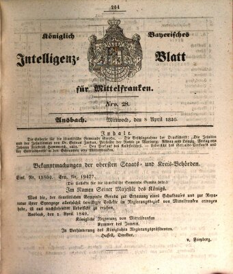 Königlich Bayerisches Intelligenzblatt für Mittelfranken (Ansbacher Intelligenz-Zeitung) Mittwoch 8. April 1840