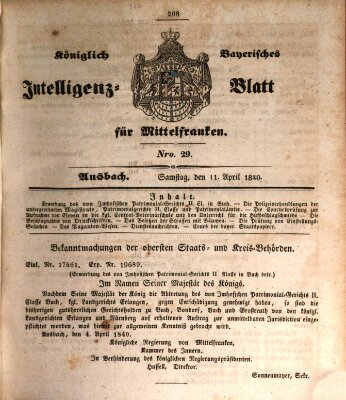 Königlich Bayerisches Intelligenzblatt für Mittelfranken (Ansbacher Intelligenz-Zeitung) Samstag 11. April 1840