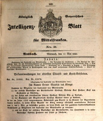 Königlich Bayerisches Intelligenzblatt für Mittelfranken (Ansbacher Intelligenz-Zeitung) Mittwoch 13. Mai 1840