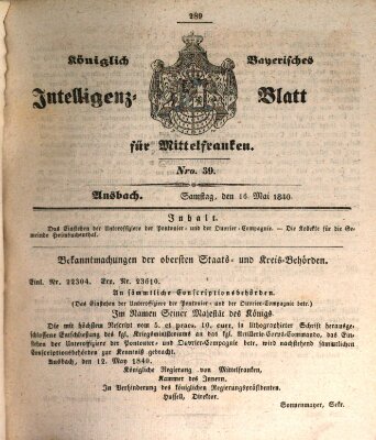 Königlich Bayerisches Intelligenzblatt für Mittelfranken (Ansbacher Intelligenz-Zeitung) Samstag 16. Mai 1840