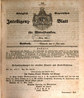 Königlich Bayerisches Intelligenzblatt für Mittelfranken (Ansbacher Intelligenz-Zeitung) Mittwoch 27. Mai 1840