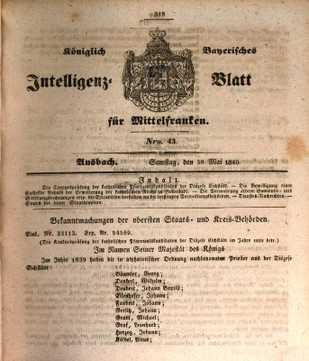 Königlich Bayerisches Intelligenzblatt für Mittelfranken (Ansbacher Intelligenz-Zeitung) Samstag 30. Mai 1840