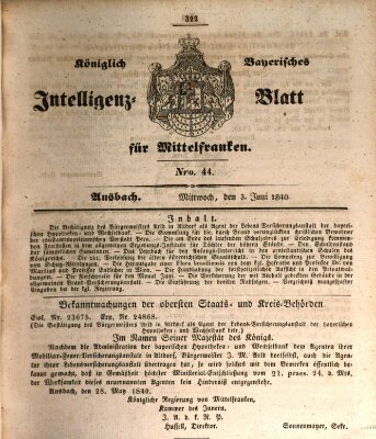 Königlich Bayerisches Intelligenzblatt für Mittelfranken (Ansbacher Intelligenz-Zeitung) Mittwoch 3. Juni 1840