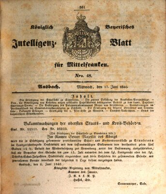 Königlich Bayerisches Intelligenzblatt für Mittelfranken (Ansbacher Intelligenz-Zeitung) Mittwoch 17. Juni 1840