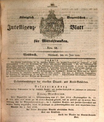 Königlich Bayerisches Intelligenzblatt für Mittelfranken (Ansbacher Intelligenz-Zeitung) Mittwoch 24. Juni 1840