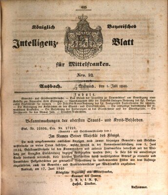 Königlich Bayerisches Intelligenzblatt für Mittelfranken (Ansbacher Intelligenz-Zeitung) Mittwoch 1. Juli 1840