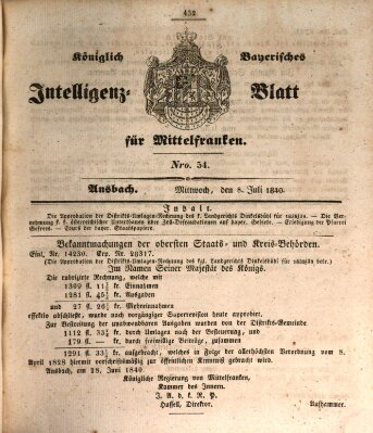 Königlich Bayerisches Intelligenzblatt für Mittelfranken (Ansbacher Intelligenz-Zeitung) Mittwoch 8. Juli 1840