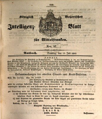 Königlich Bayerisches Intelligenzblatt für Mittelfranken (Ansbacher Intelligenz-Zeitung) Samstag 18. Juli 1840